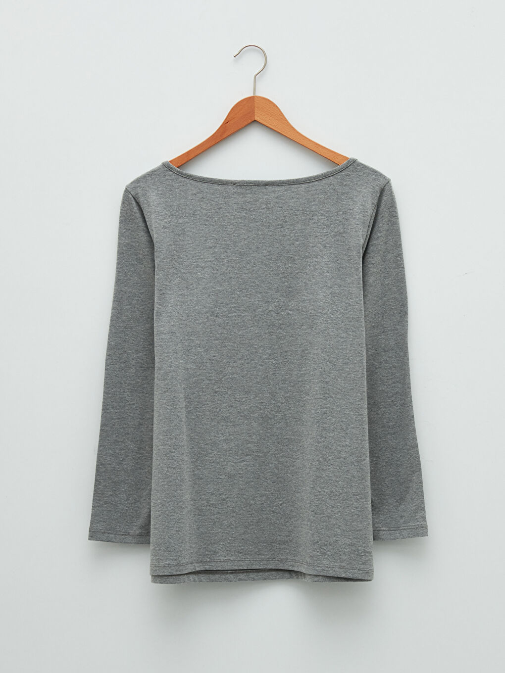 Gri Büyük Beden Bisiklet Yaka Düz Uzun Kollu Kadın Tişört-5