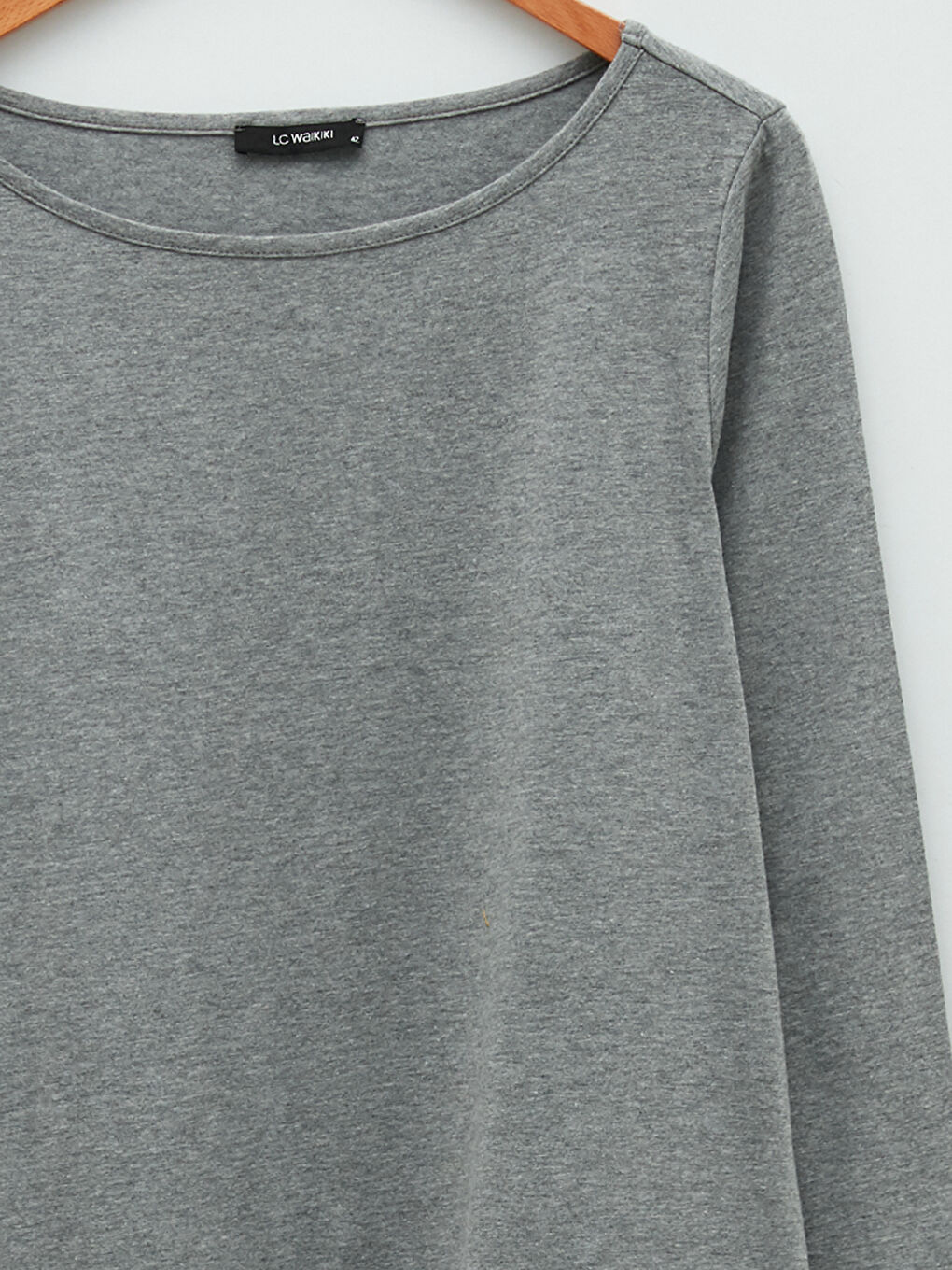 Gri Büyük Beden Bisiklet Yaka Düz Uzun Kollu Kadın Tişört-6