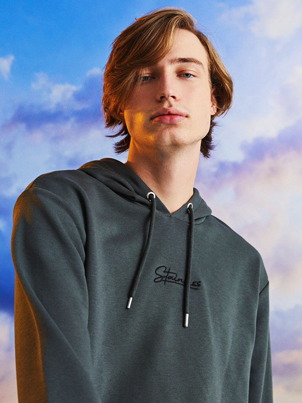 Haki Uzun Kollu Nakışlı Erkek Hoodie-3