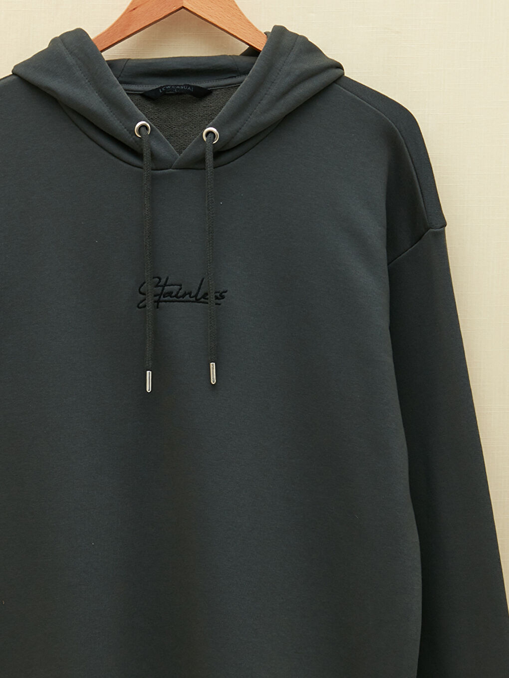 Haki Uzun Kollu Nakışlı Erkek Hoodie-7