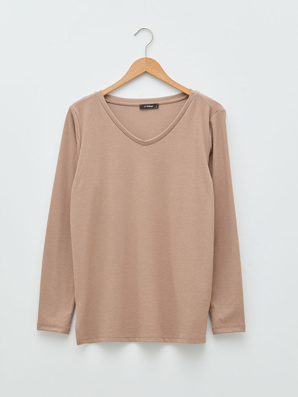 Bej Büyük Beden V Yaka Düz Uzun Kollu Kadın Tişört-5