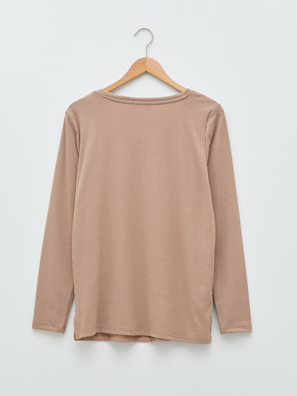 Bej Büyük Beden V Yaka Düz Uzun Kollu Kadın Tişört-6