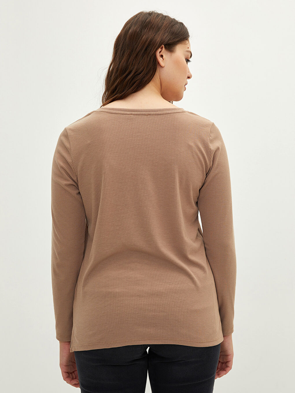Bej Büyük Beden V Yaka Düz Uzun Kollu Kadın Tişört-4
