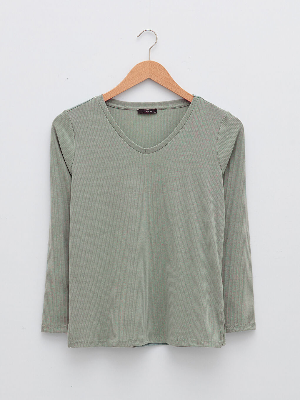 Yeşil Büyük Beden V Yaka Düz Uzun Kollu Kadın Tişört-6