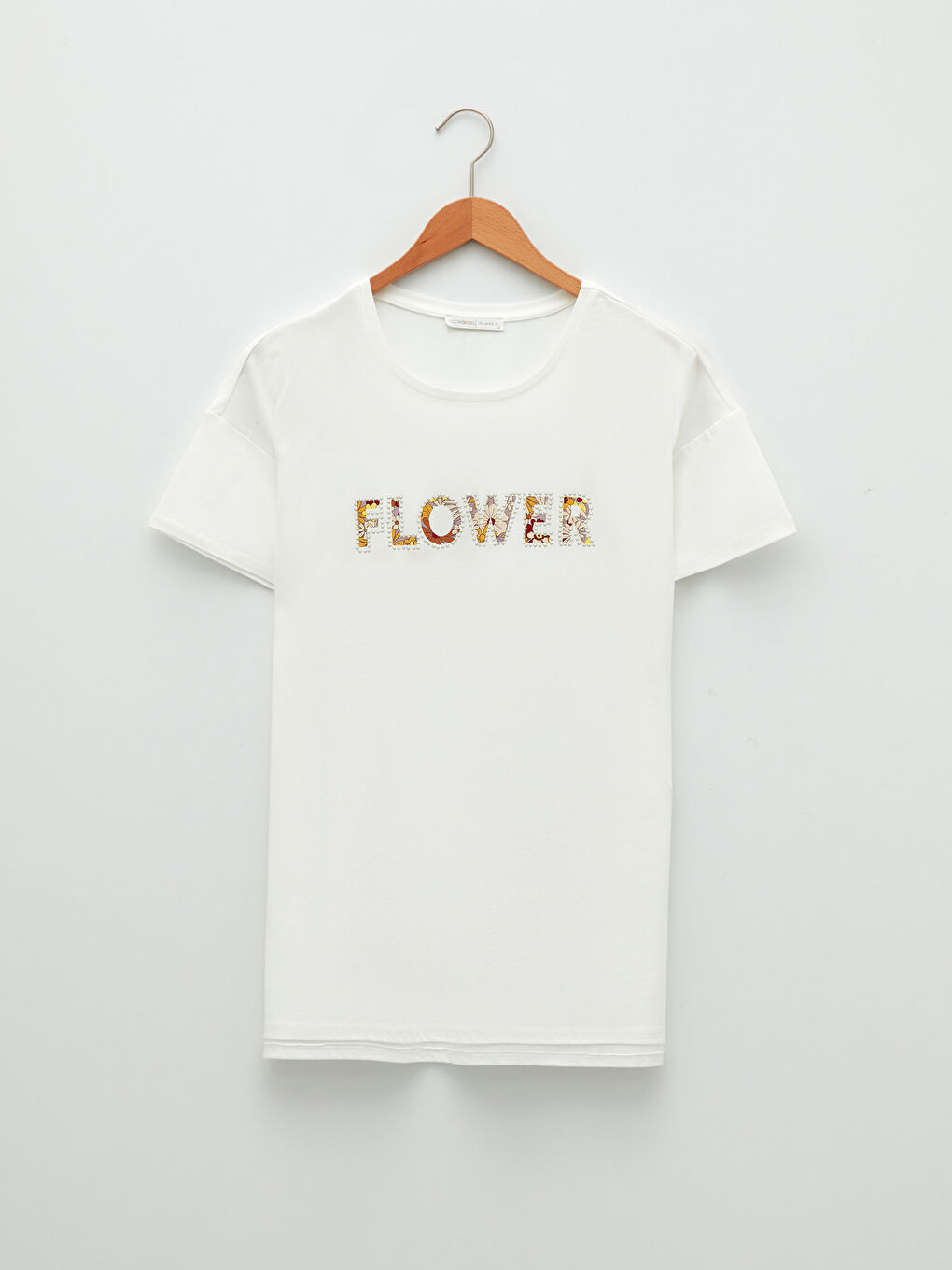 Ekru Bisiklet Yaka Yazı Baskılı Kısa Kollu Kadın Tişört-3