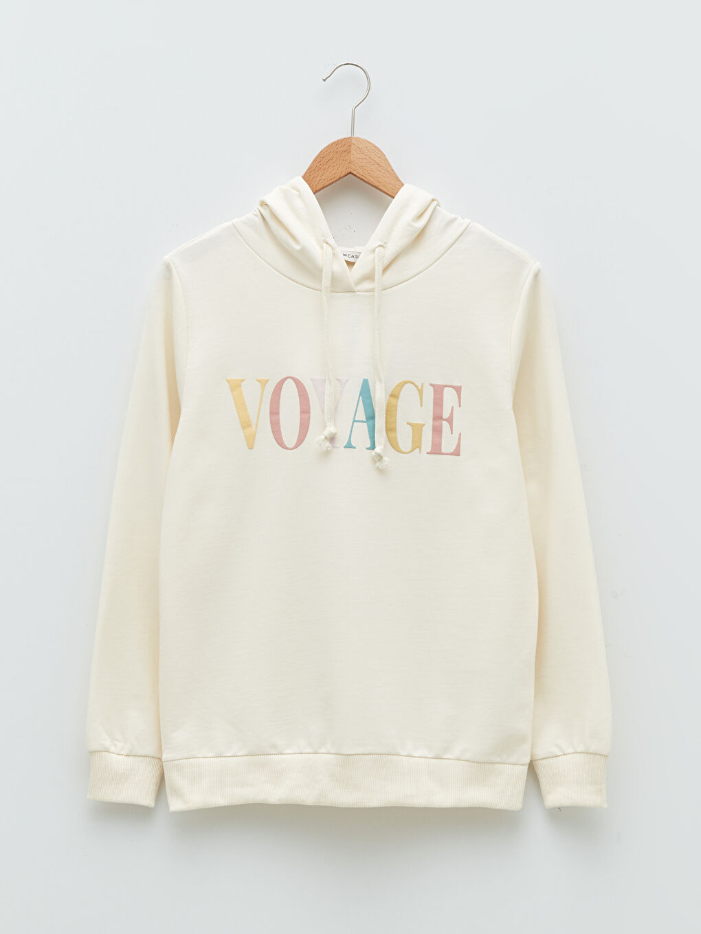 Bej Kapüşonlu Yazı Baskılı Uzun Kollu Kadın Sweatshirt-4