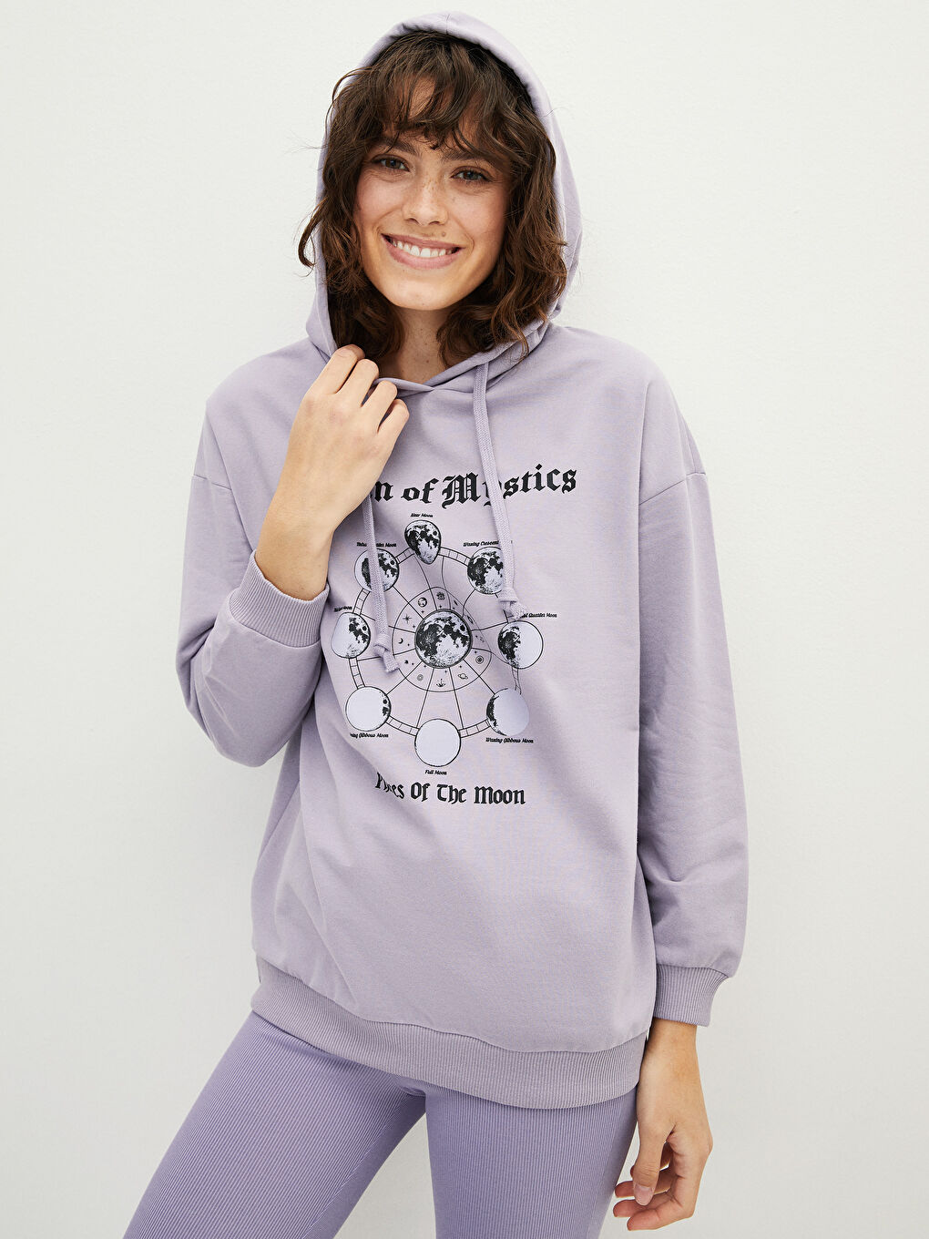 Lila Kapüşonlu Baskılı Uzun Kollu Kadın Sweatshirt