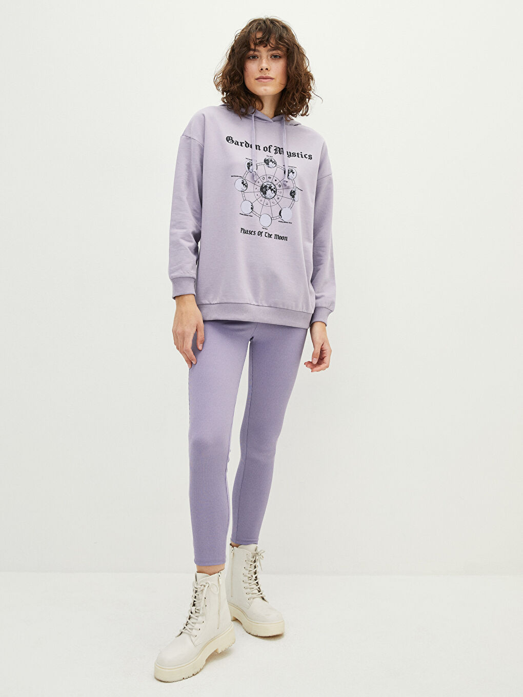 Lila Kapüşonlu Baskılı Uzun Kollu Kadın Sweatshirt-1