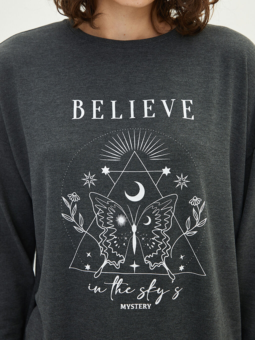 Antrasit Bisiklet Yaka Baskılı Uzun Kollu Kadın Tişört-2