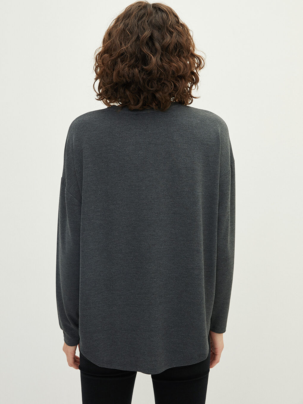 Antrasit Bisiklet Yaka Baskılı Uzun Kollu Kadın Tişört-3