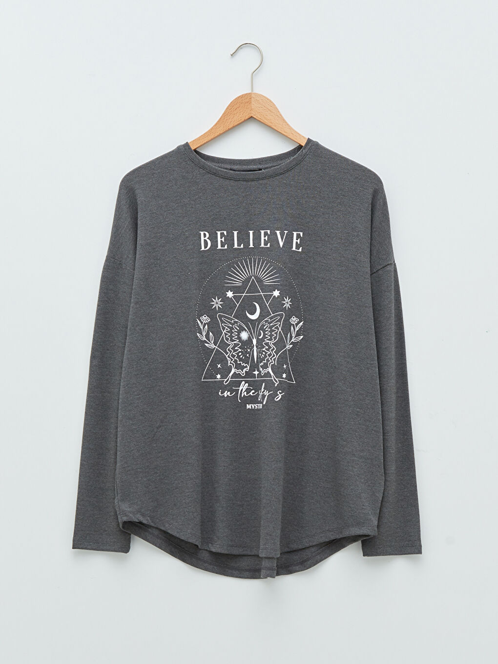 Antrasit Bisiklet Yaka Baskılı Uzun Kollu Kadın Tişört-4