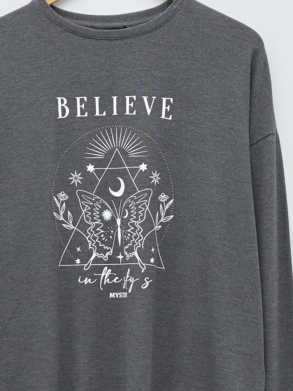 Antrasit Bisiklet Yaka Baskılı Uzun Kollu Kadın Tişört-6