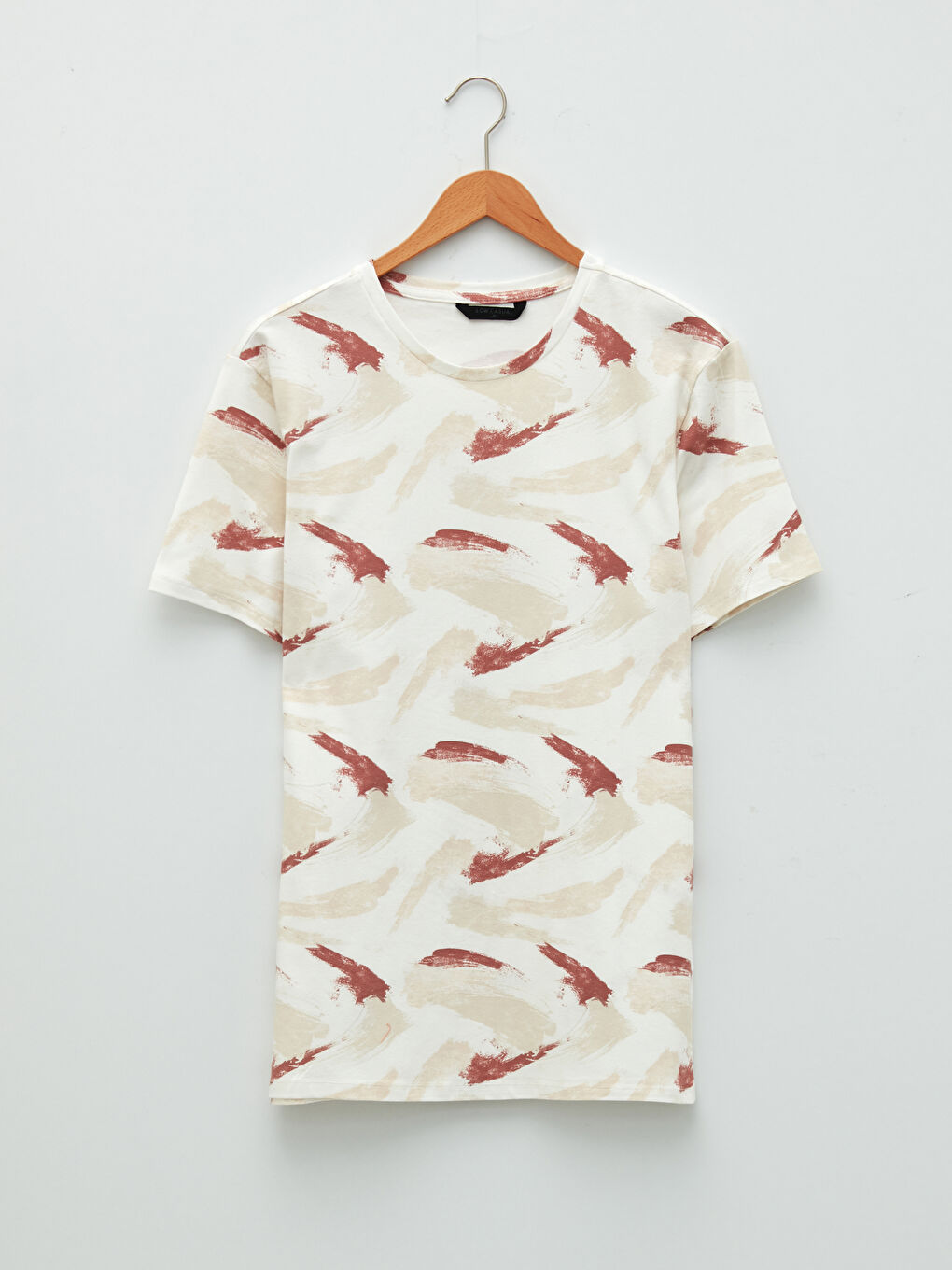 Ekru Bisiklet Yaka Kısa Kollu Desenli Penye Erkek Tişört-6