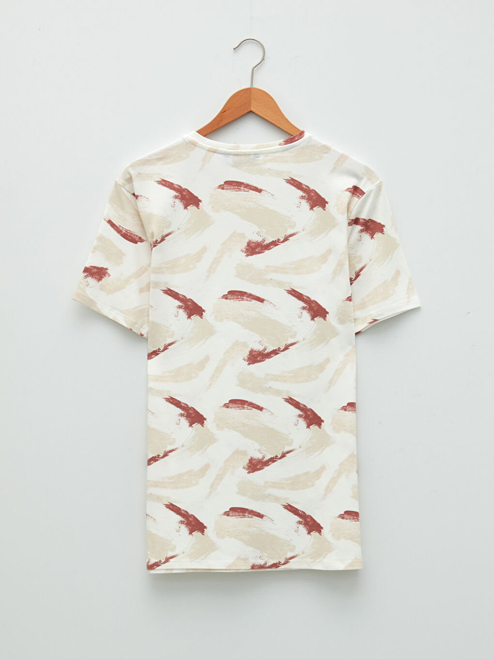 Ekru Bisiklet Yaka Kısa Kollu Desenli Penye Erkek Tişört-7