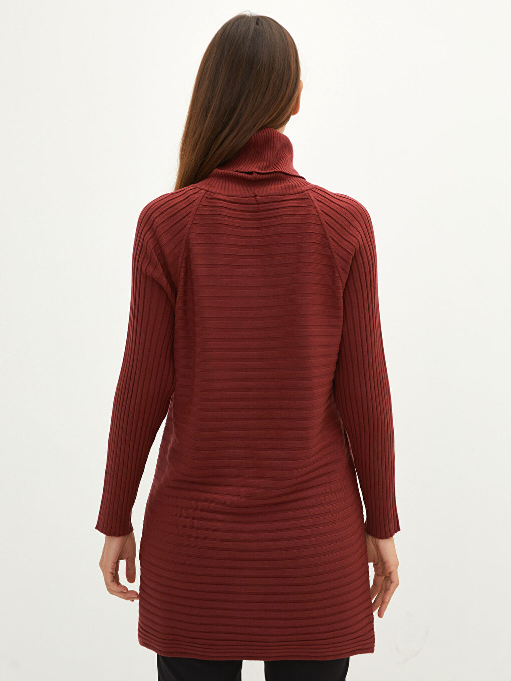 Bordo Balıkçı Yaka Çizgili Uzun Kollu Kadın Triko Tunik-4