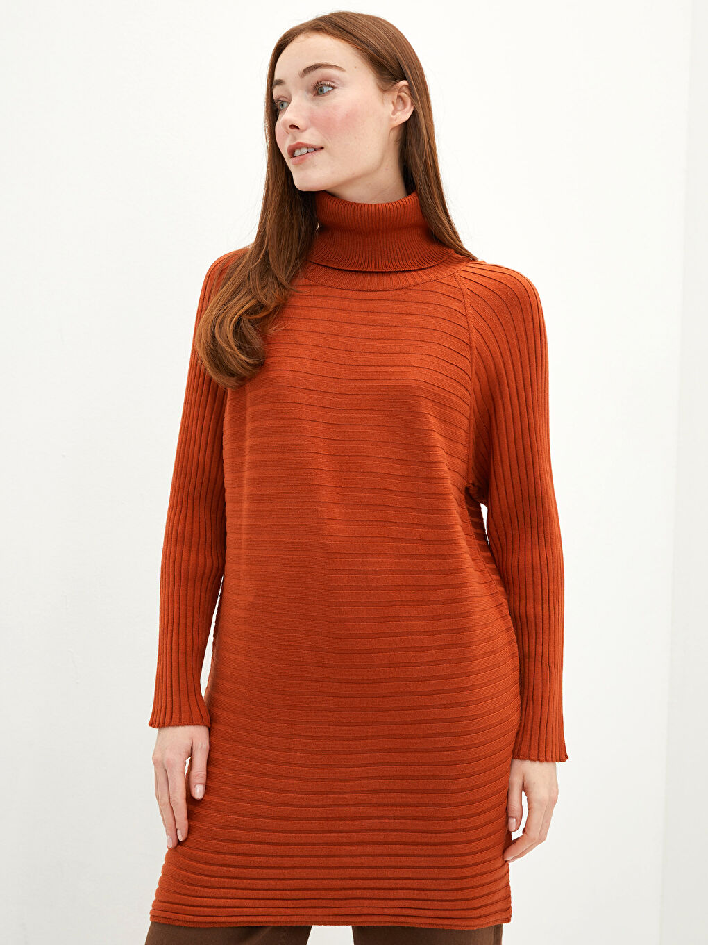 Kahverengi Balıkçı Yaka Çizgili Uzun Kollu Kadın Triko Tunik