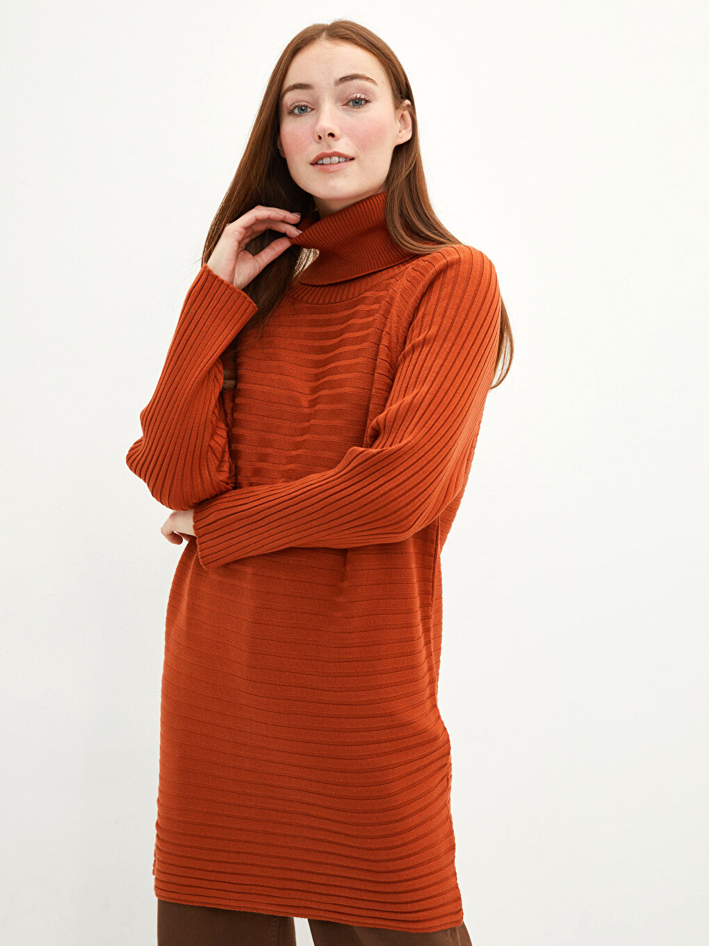 Kahverengi Balıkçı Yaka Çizgili Uzun Kollu Kadın Triko Tunik-1