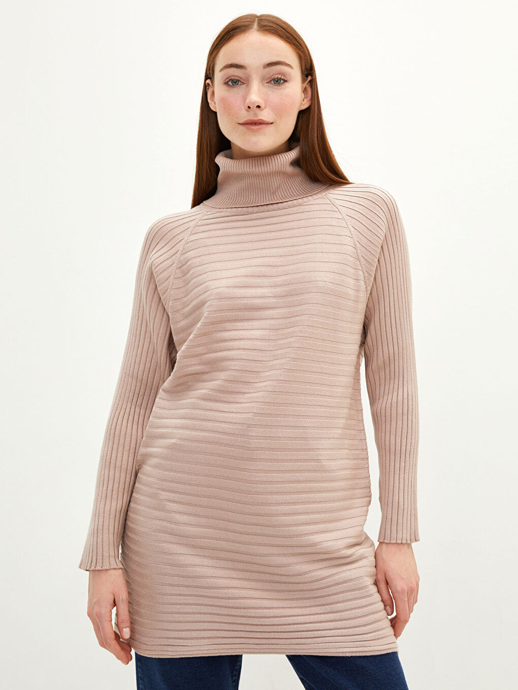 Bej Balıkçı Yaka Çizgili Uzun Kollu Kadın Triko Tunik