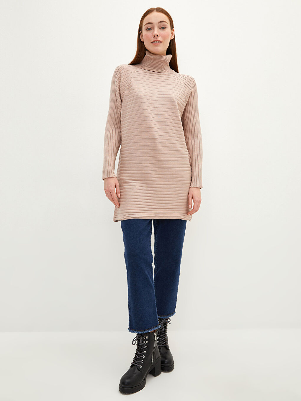 Bej Balıkçı Yaka Çizgili Uzun Kollu Kadın Triko Tunik-2