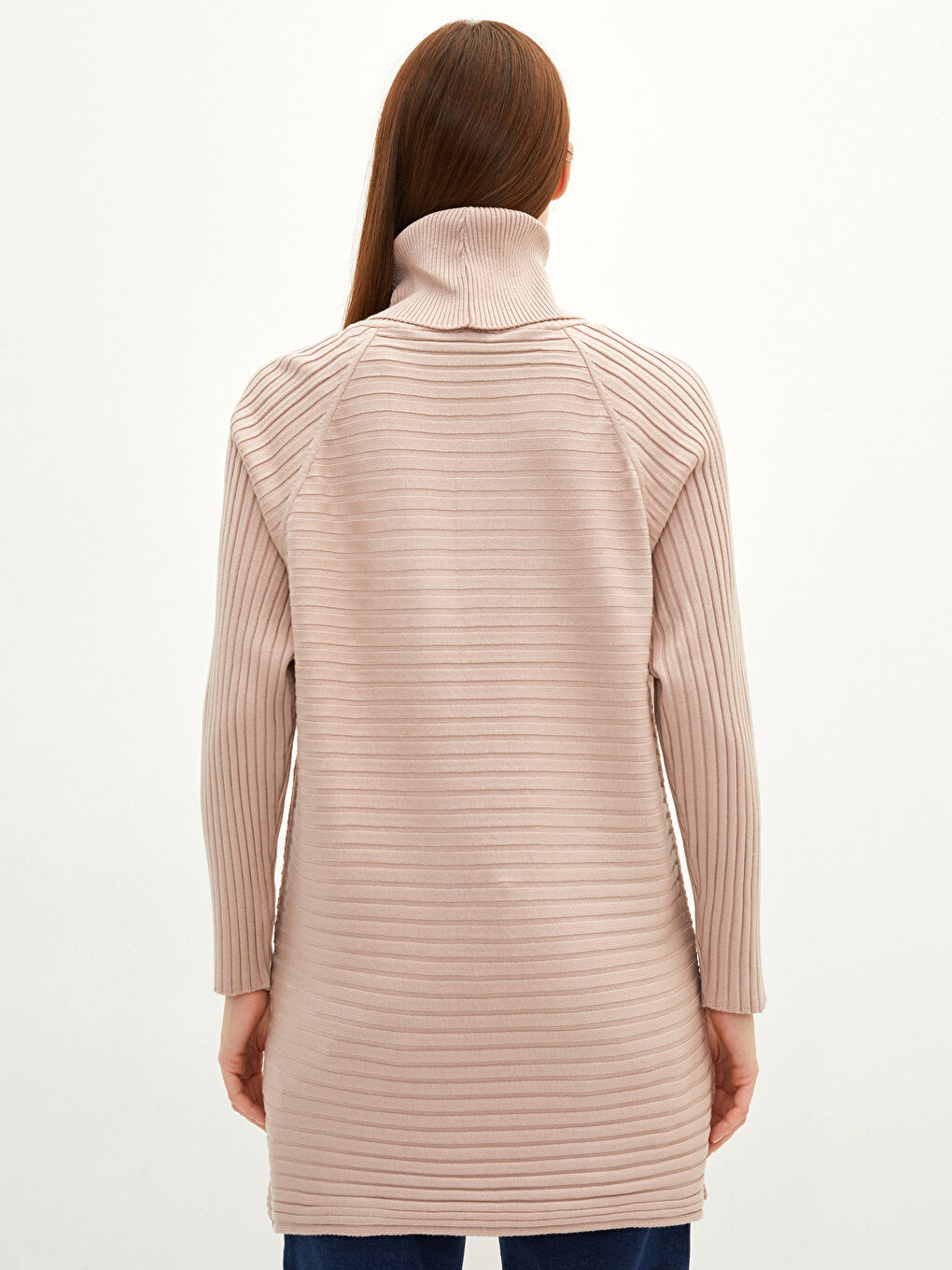 Bej Balıkçı Yaka Çizgili Uzun Kollu Kadın Triko Tunik-4