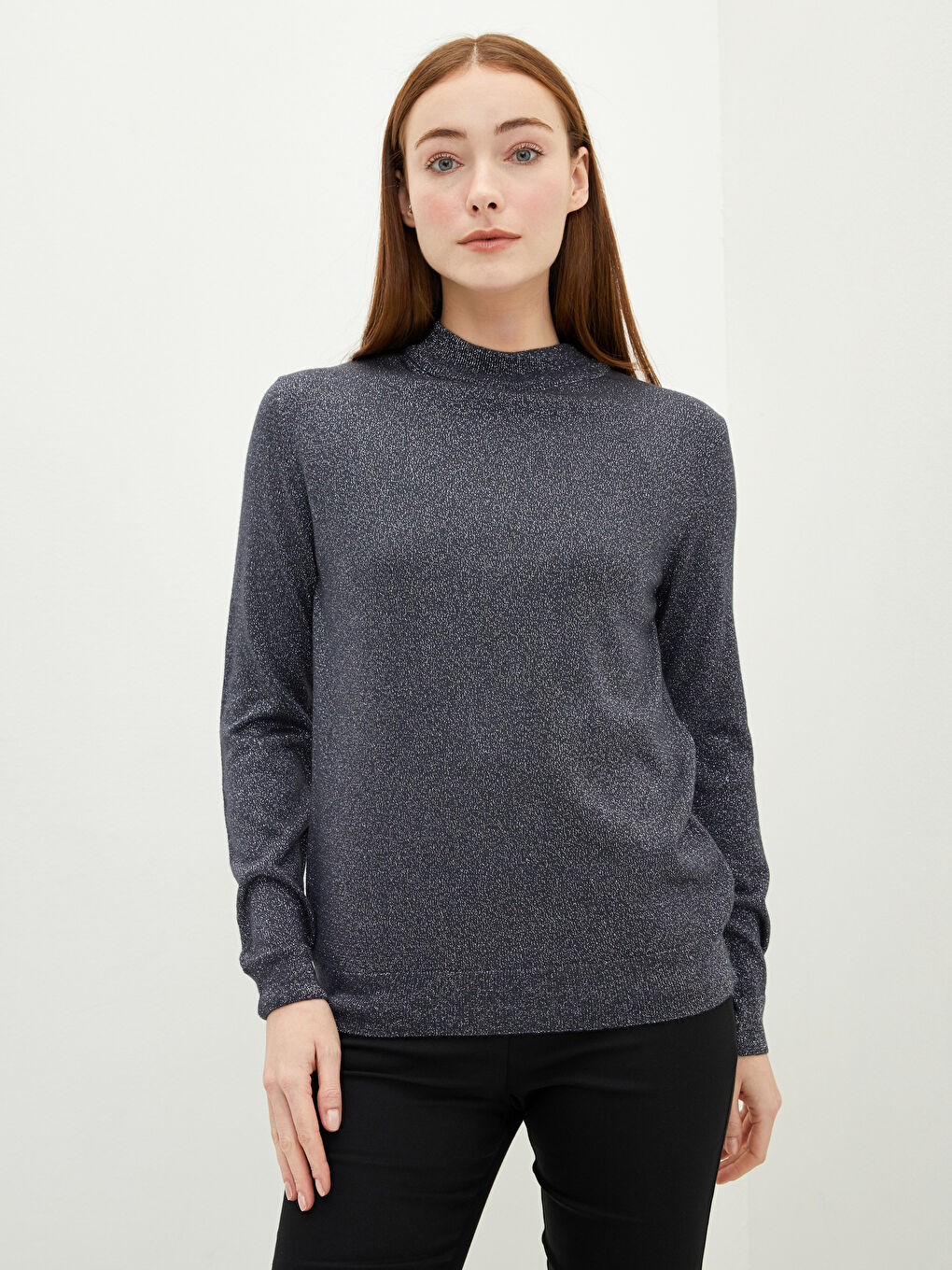 Antrasit Bisiklet Yaka Düz Uzun Kollu Kadın Triko Kazak