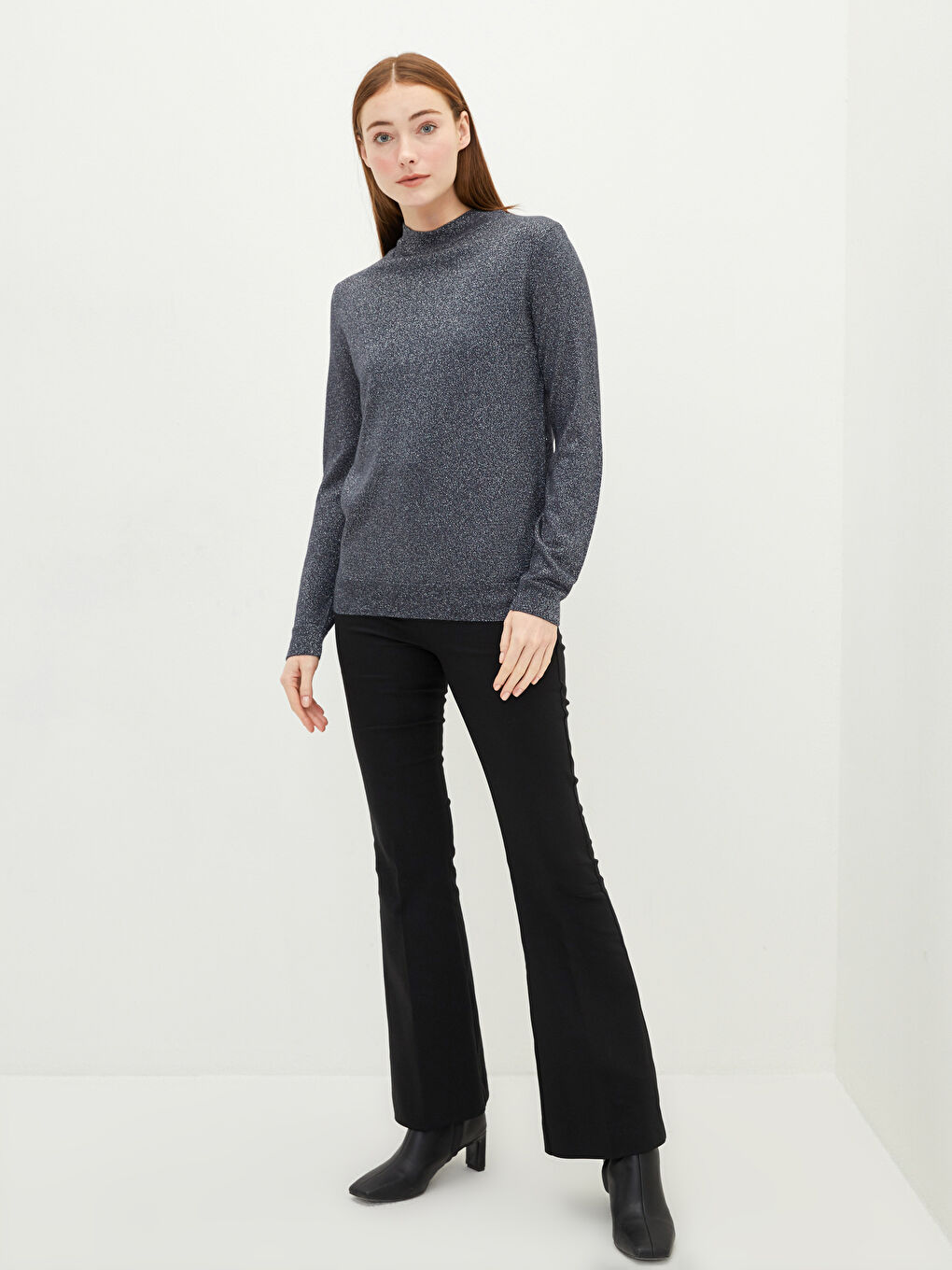 Antrasit Bisiklet Yaka Düz Uzun Kollu Kadın Triko Kazak-1
