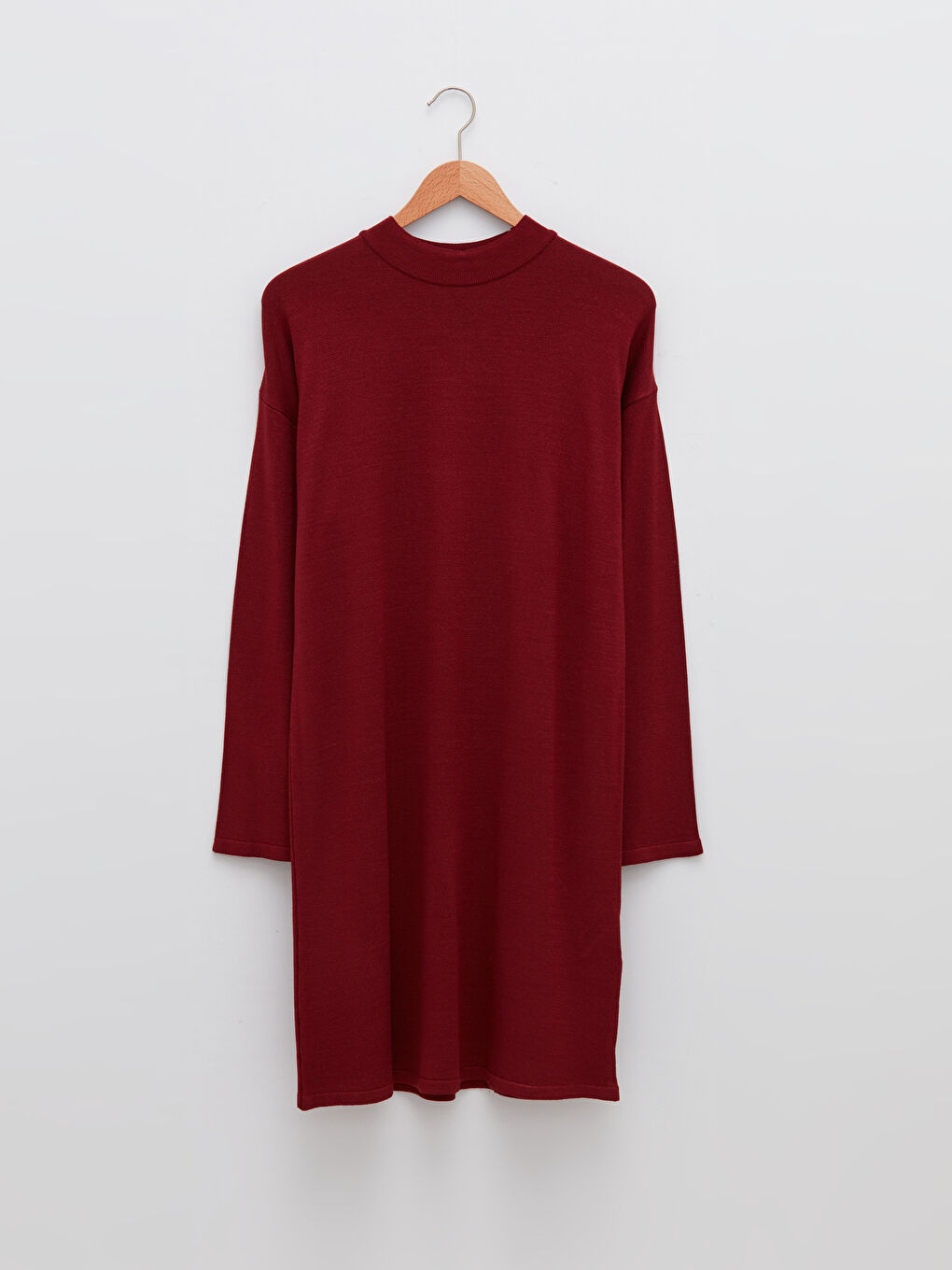 Bordo Yarım Balıkçı Yaka Düz Uzun Kollu Kadın Triko Tunik-6