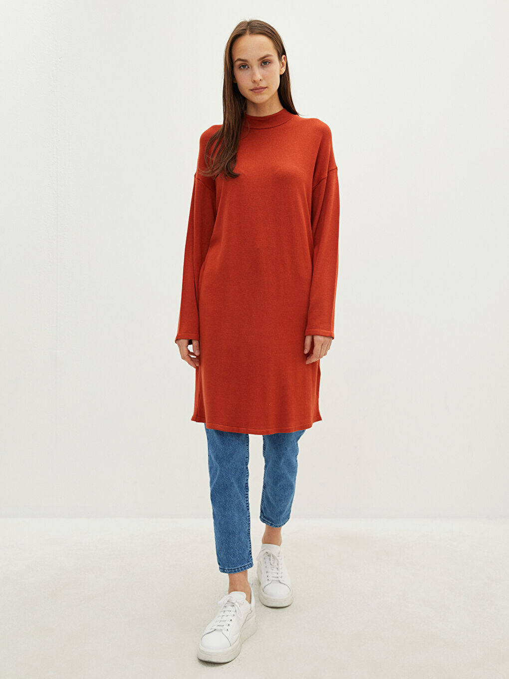 Kahverengi Yarım Balıkçı Yaka Düz Uzun Kollu Kadın Triko Tunik-3