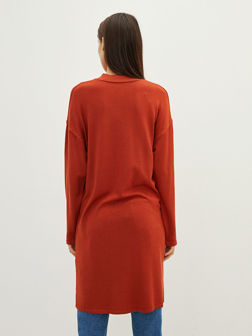 Kahverengi Yarım Balıkçı Yaka Düz Uzun Kollu Kadın Triko Tunik-4