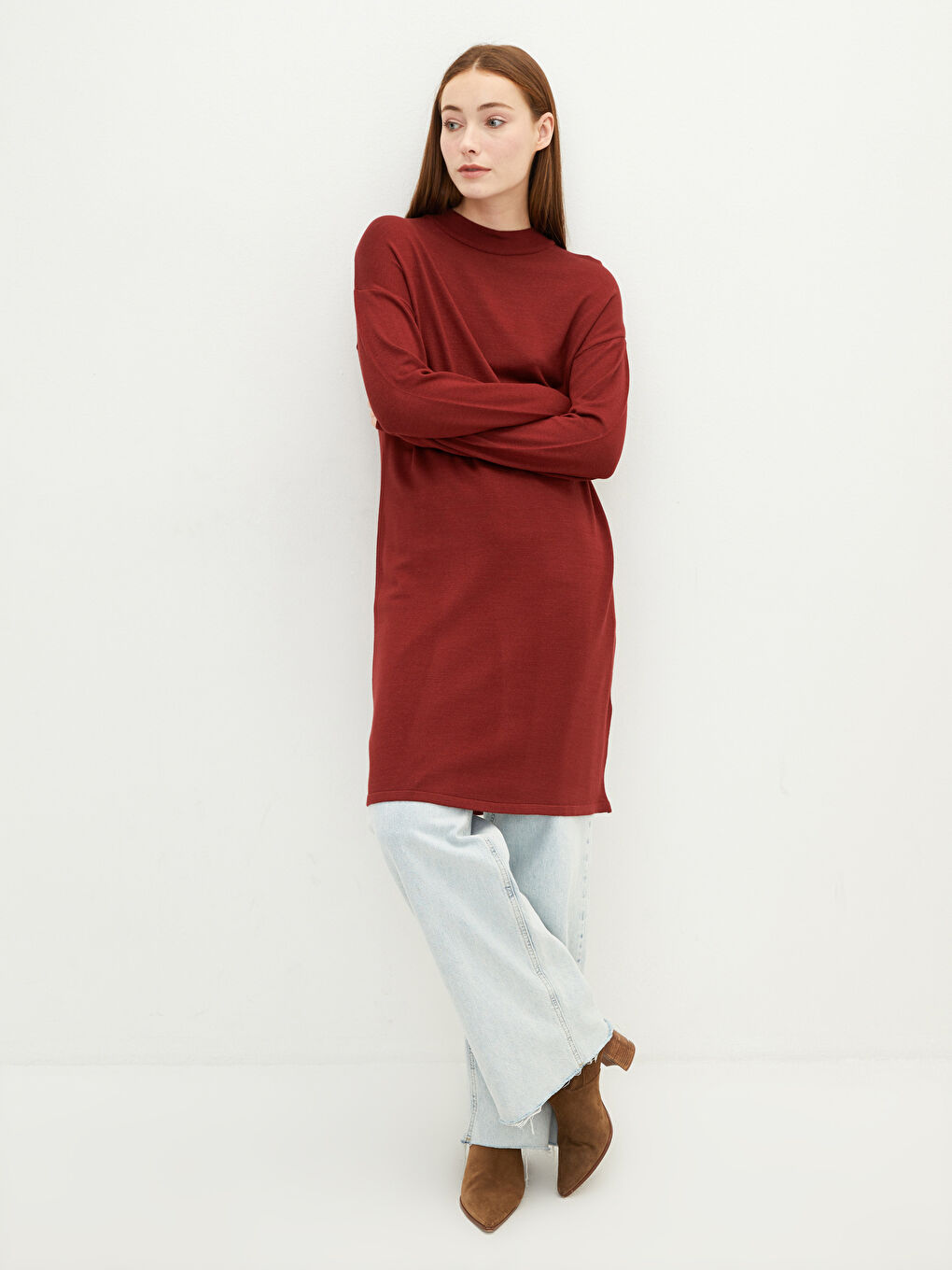 Bordo Yarım Balıkçı Yaka Düz Uzun Kollu Kadın Triko Tunik