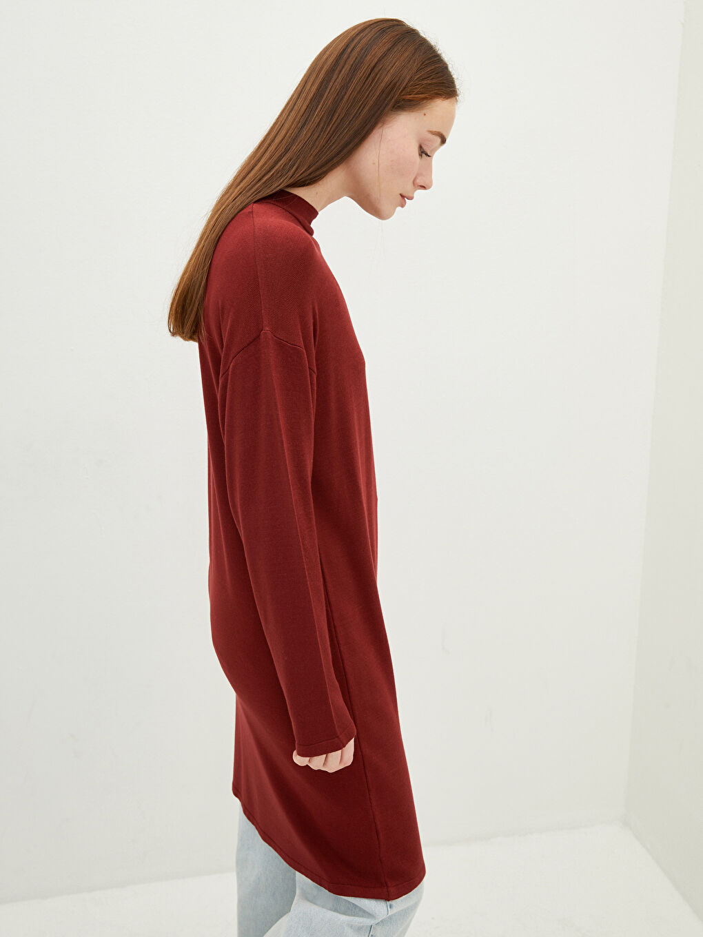 Bordo Yarım Balıkçı Yaka Düz Uzun Kollu Kadın Triko Tunik-1