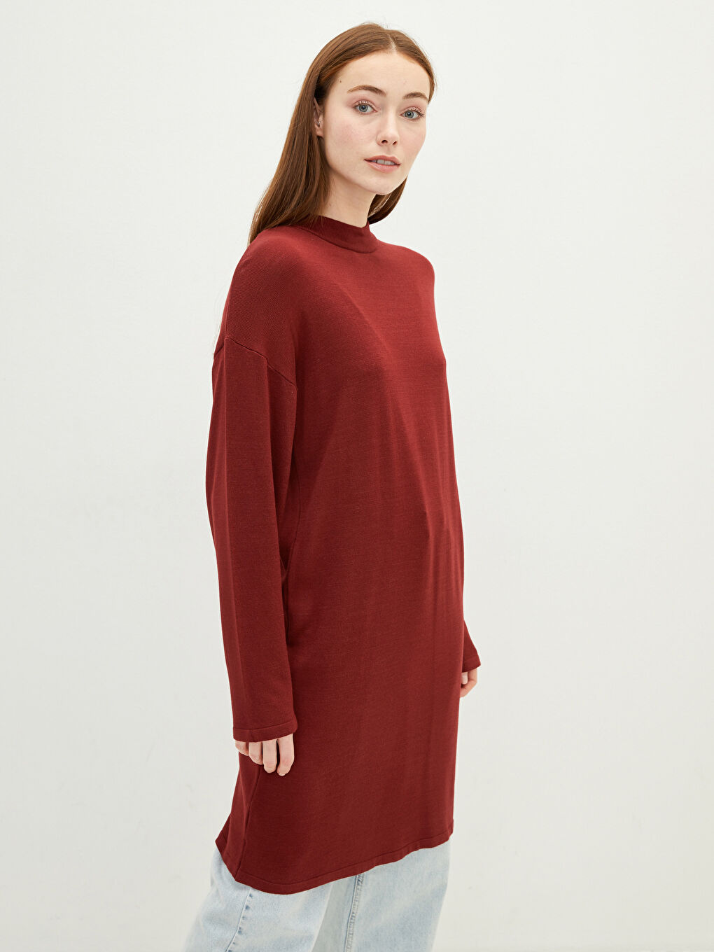 Bordo Yarım Balıkçı Yaka Düz Uzun Kollu Kadın Triko Tunik-2