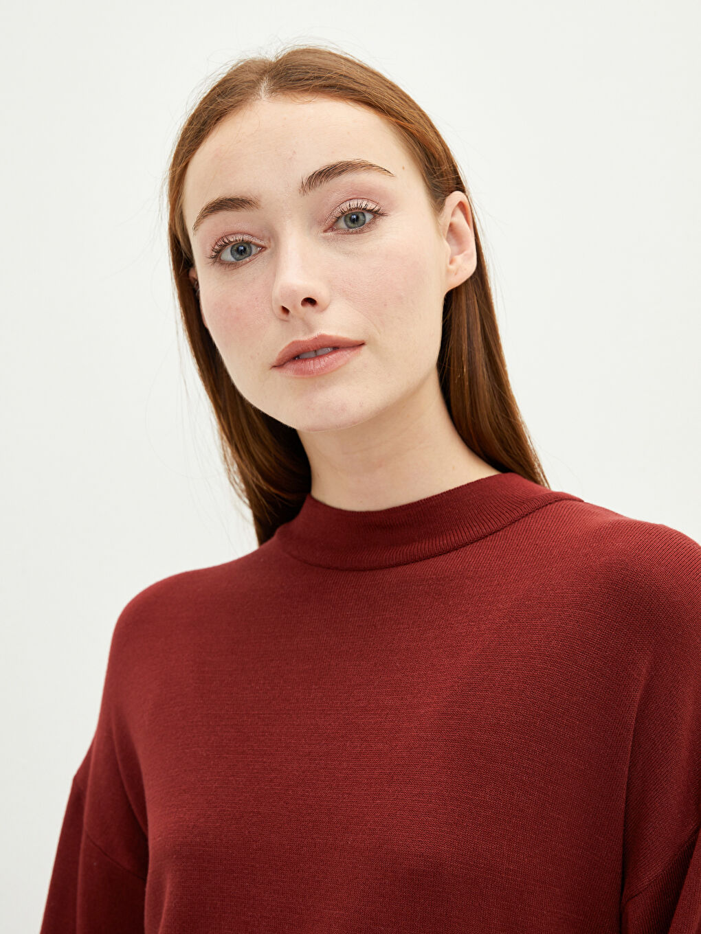 Bordo Yarım Balıkçı Yaka Düz Uzun Kollu Kadın Triko Tunik-3