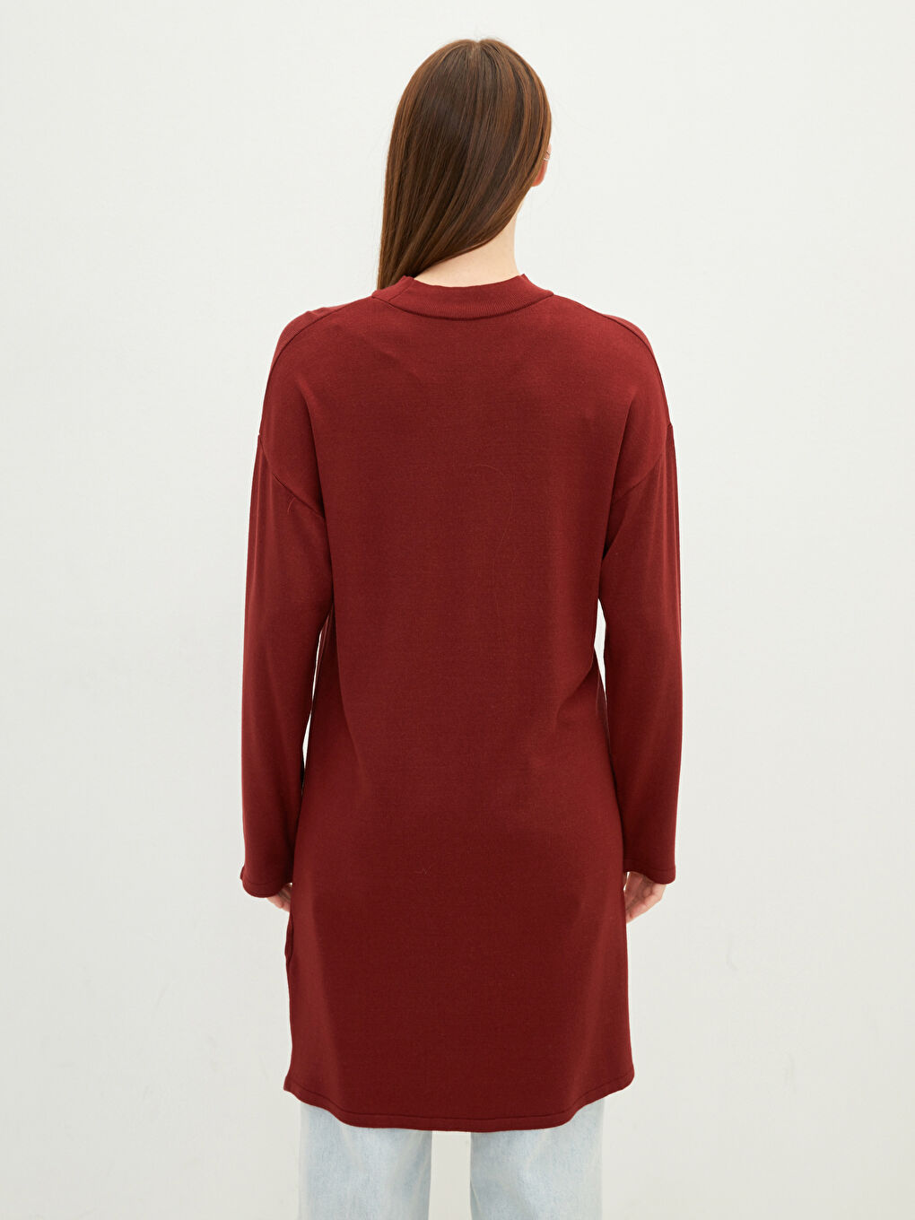 Bordo Yarım Balıkçı Yaka Düz Uzun Kollu Kadın Triko Tunik-5