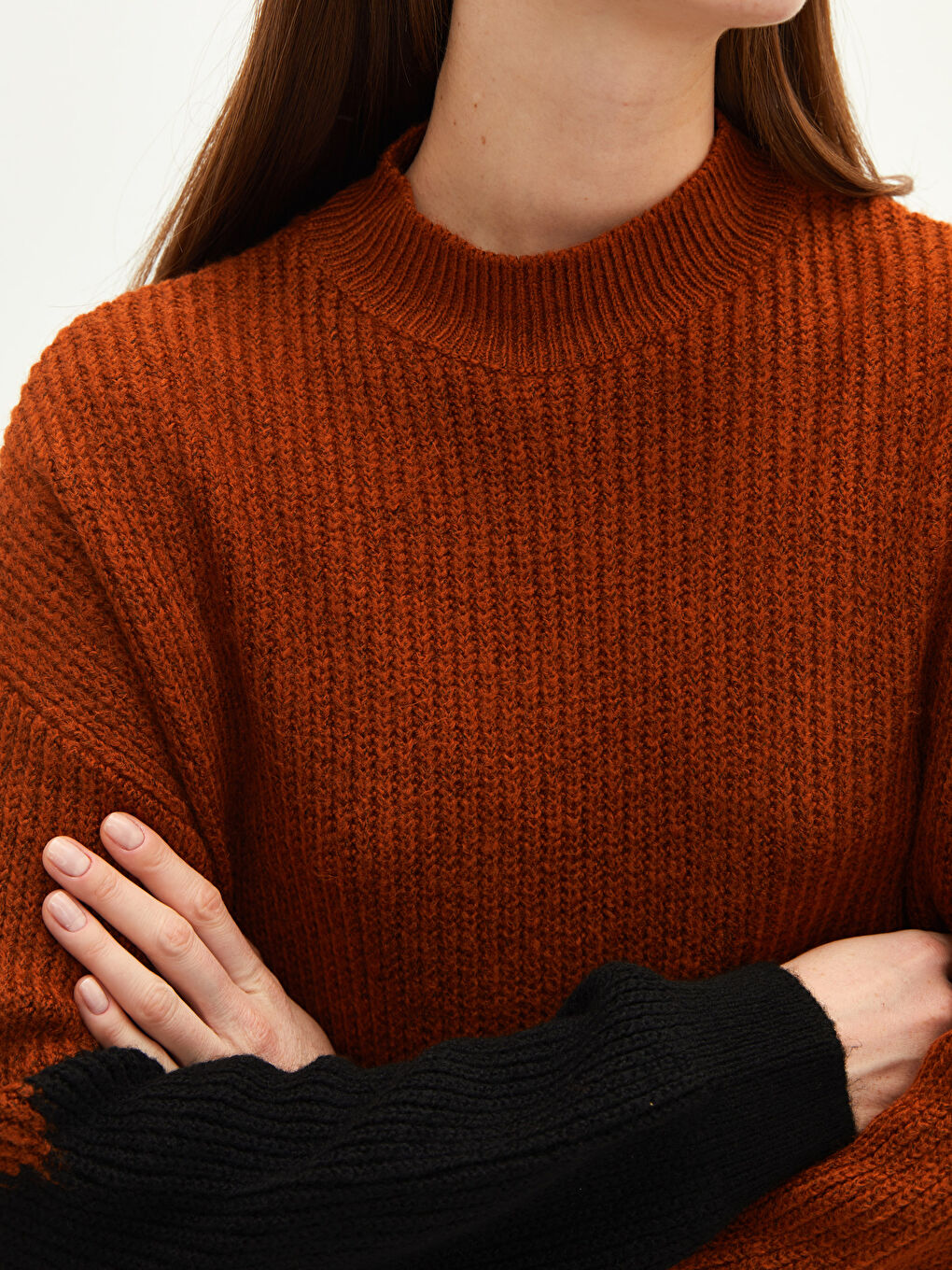 Kahverengi Yarım Balıkçı Yaka Renk Bloklu Uzun Kollu Kadın Triko Tunik-3