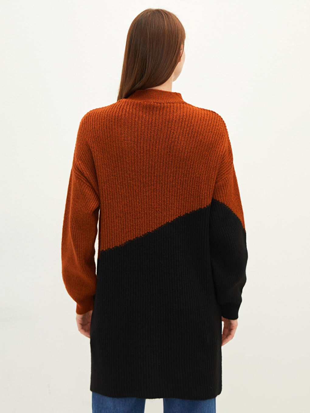 Kahverengi Yarım Balıkçı Yaka Renk Bloklu Uzun Kollu Kadın Triko Tunik-4