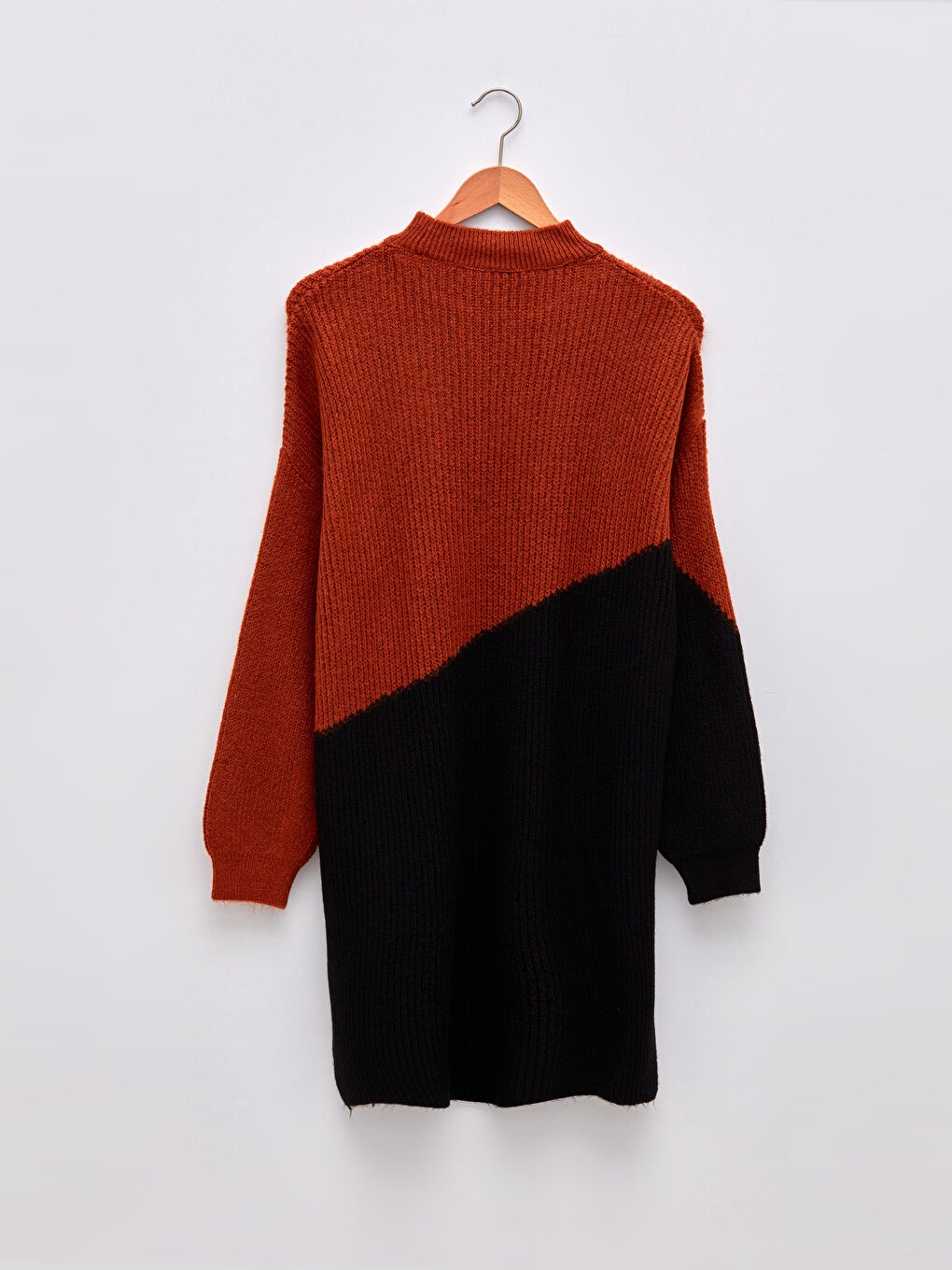 Kahverengi Yarım Balıkçı Yaka Renk Bloklu Uzun Kollu Kadın Triko Tunik-6