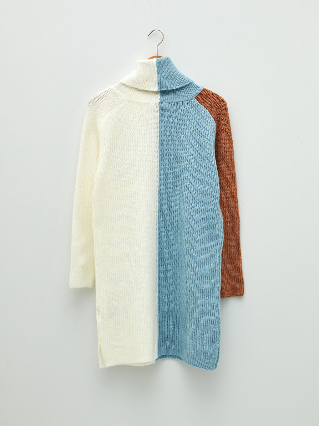 Mavi Balıkçı Yaka Renk Bloklu Uzun Kollu Kadın Triko Tunik-6