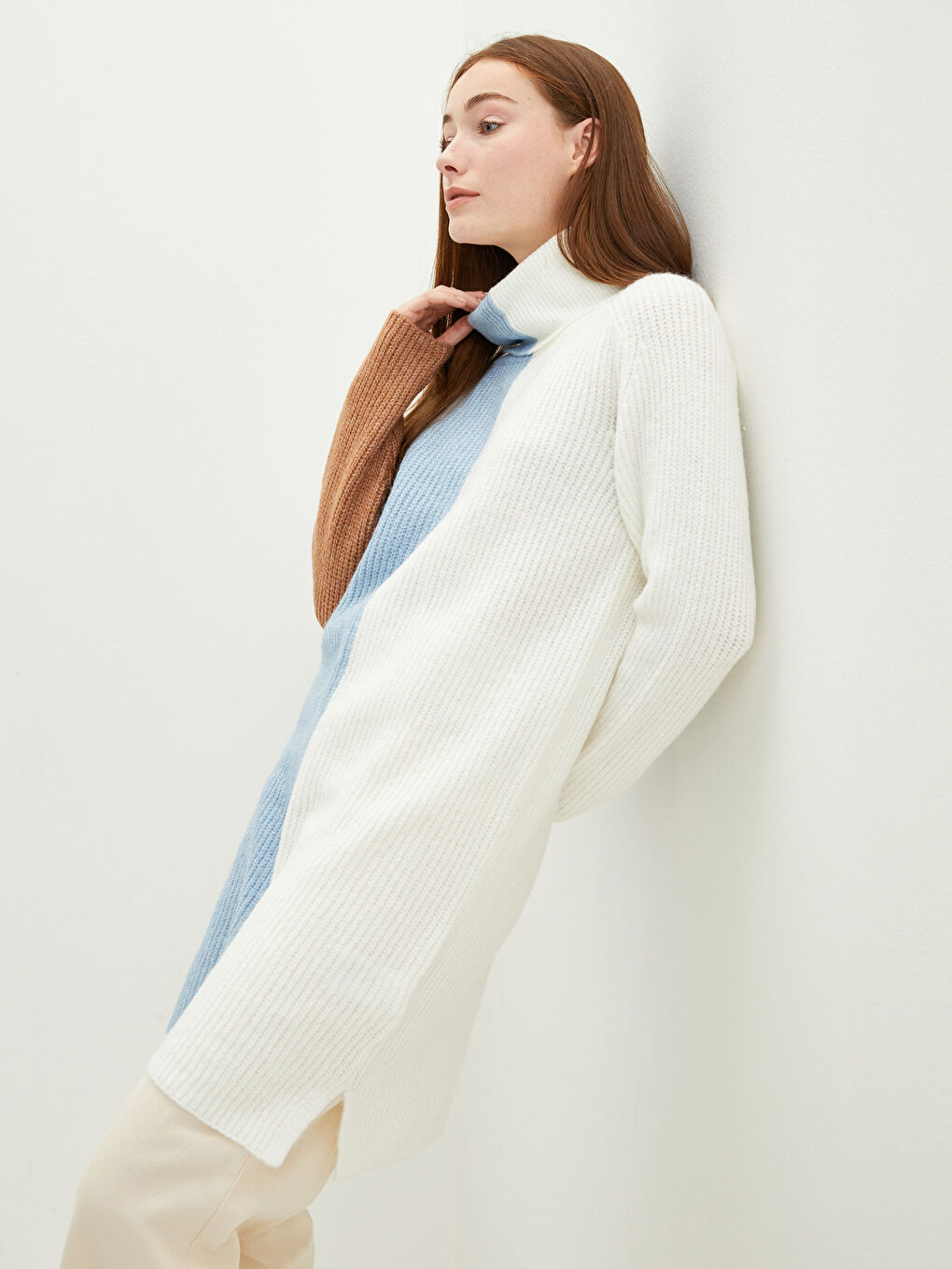 Mavi Balıkçı Yaka Renk Bloklu Uzun Kollu Kadın Triko Tunik