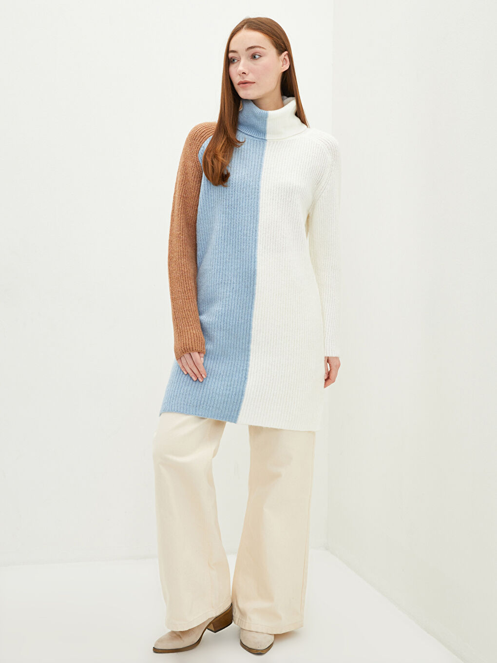 Mavi Balıkçı Yaka Renk Bloklu Uzun Kollu Kadın Triko Tunik-1