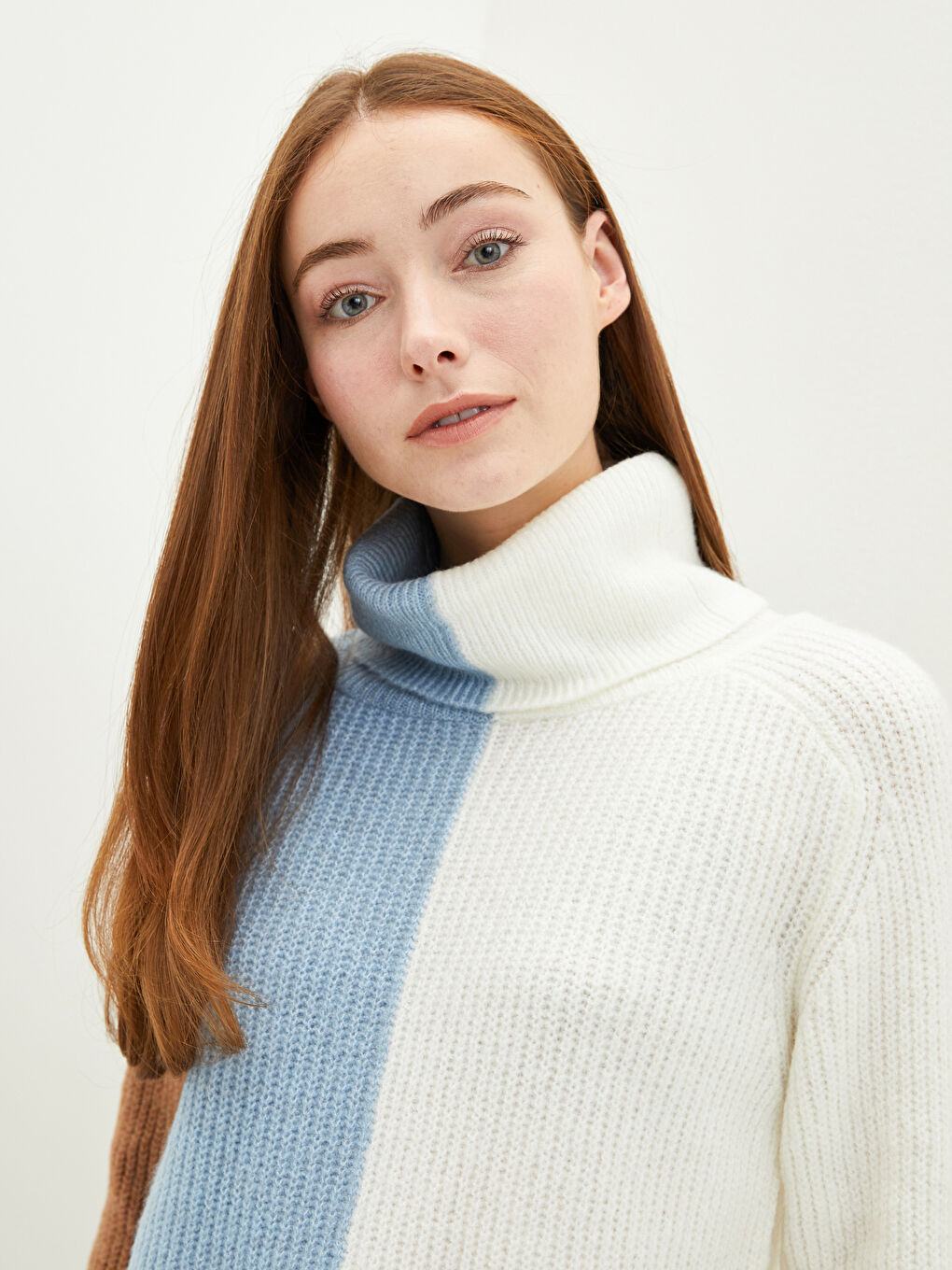 Mavi Balıkçı Yaka Renk Bloklu Uzun Kollu Kadın Triko Tunik-2