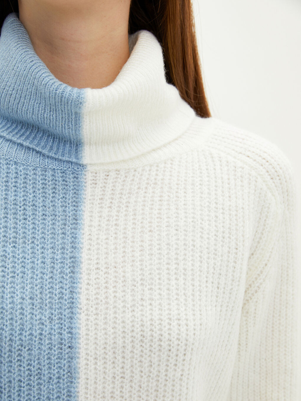 Mavi Balıkçı Yaka Renk Bloklu Uzun Kollu Kadın Triko Tunik-3