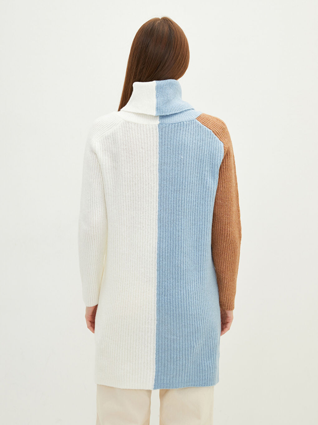 Mavi Balıkçı Yaka Renk Bloklu Uzun Kollu Kadın Triko Tunik-4