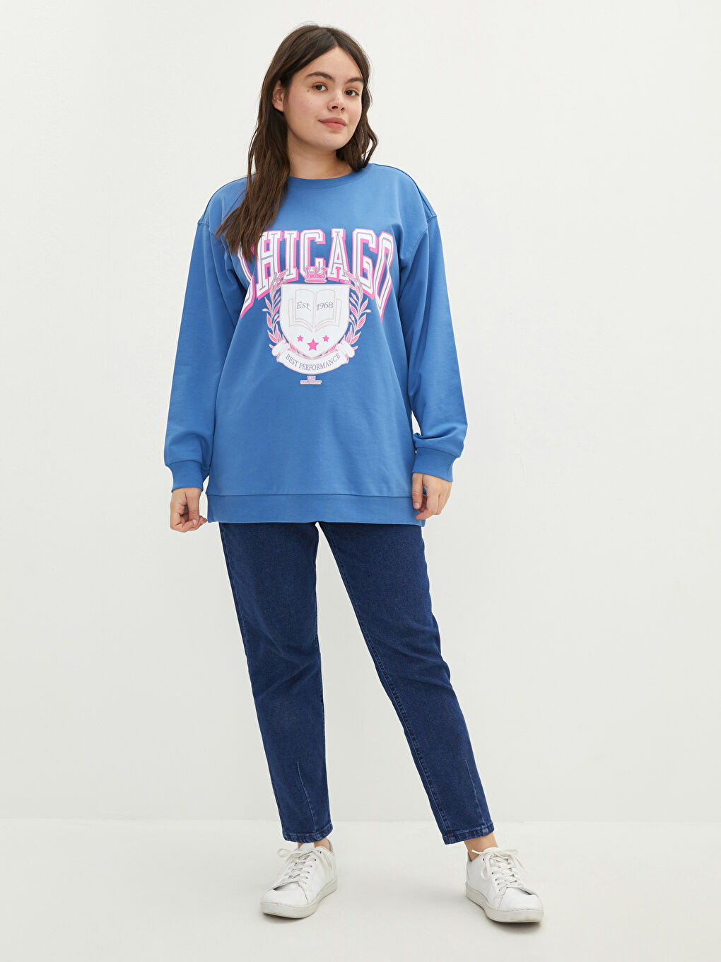 Sweat-shirt en Coton pour Femmes Grande Taille à Col Rond Imprimé à Manches Longues-3