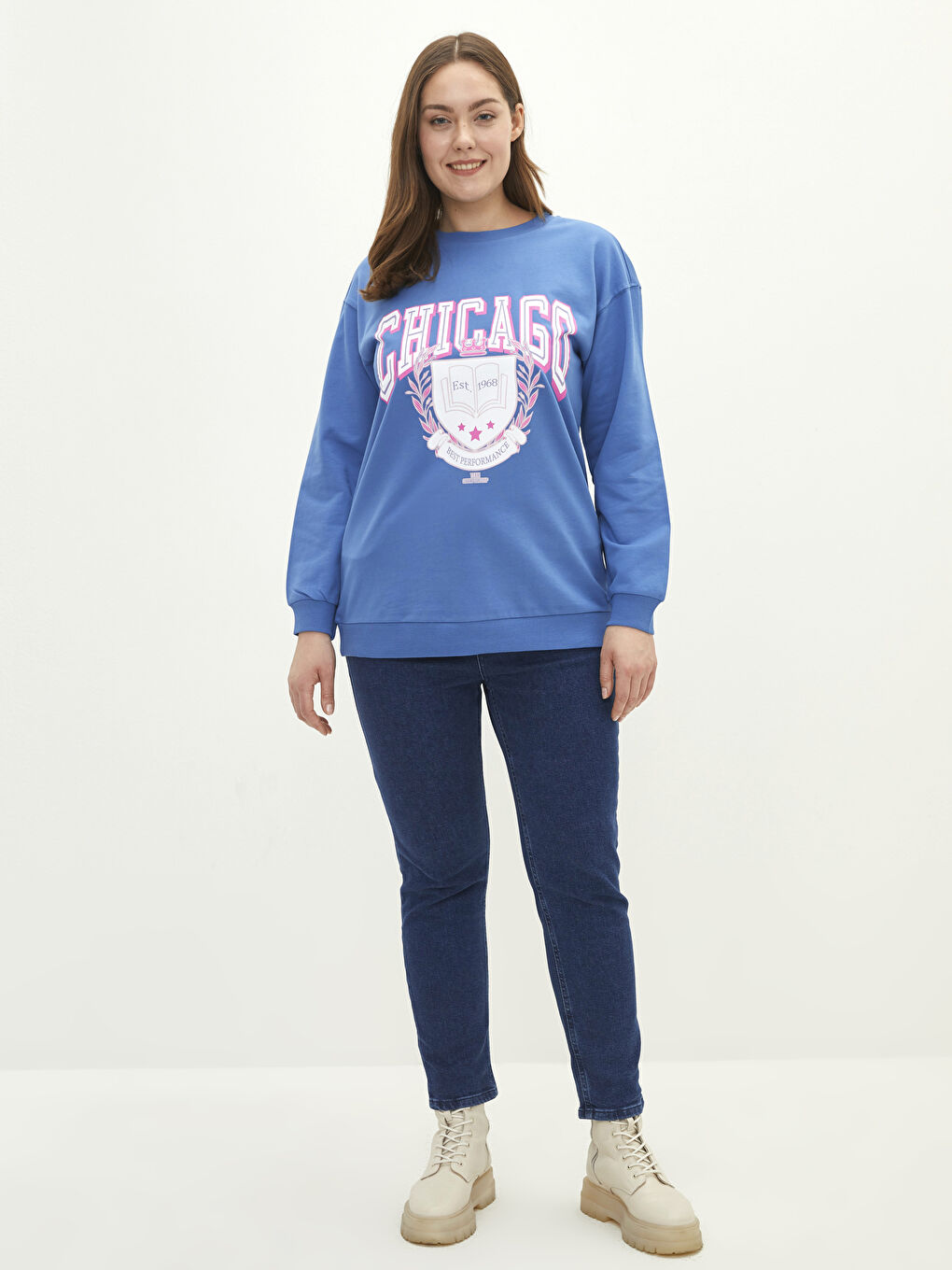 Sweat-shirt en Coton pour Femmes Grande Taille à Col Rond Imprimé à Manches Longues-4