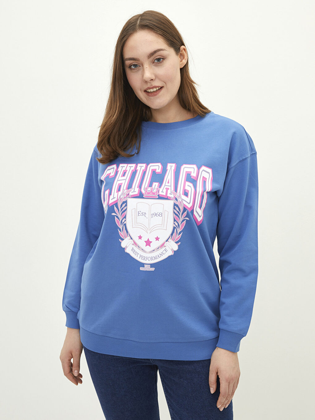 Sweat-shirt en Coton pour Femmes Grande Taille à Col Rond Imprimé à Manches Longues