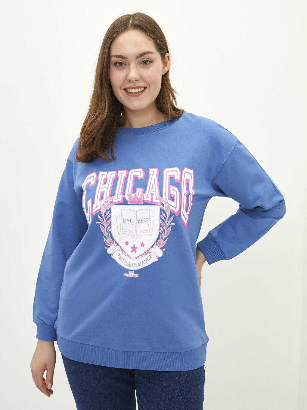 Sweat-shirt en Coton pour Femmes Grande Taille à Col Rond Imprimé à Manches Longues-2