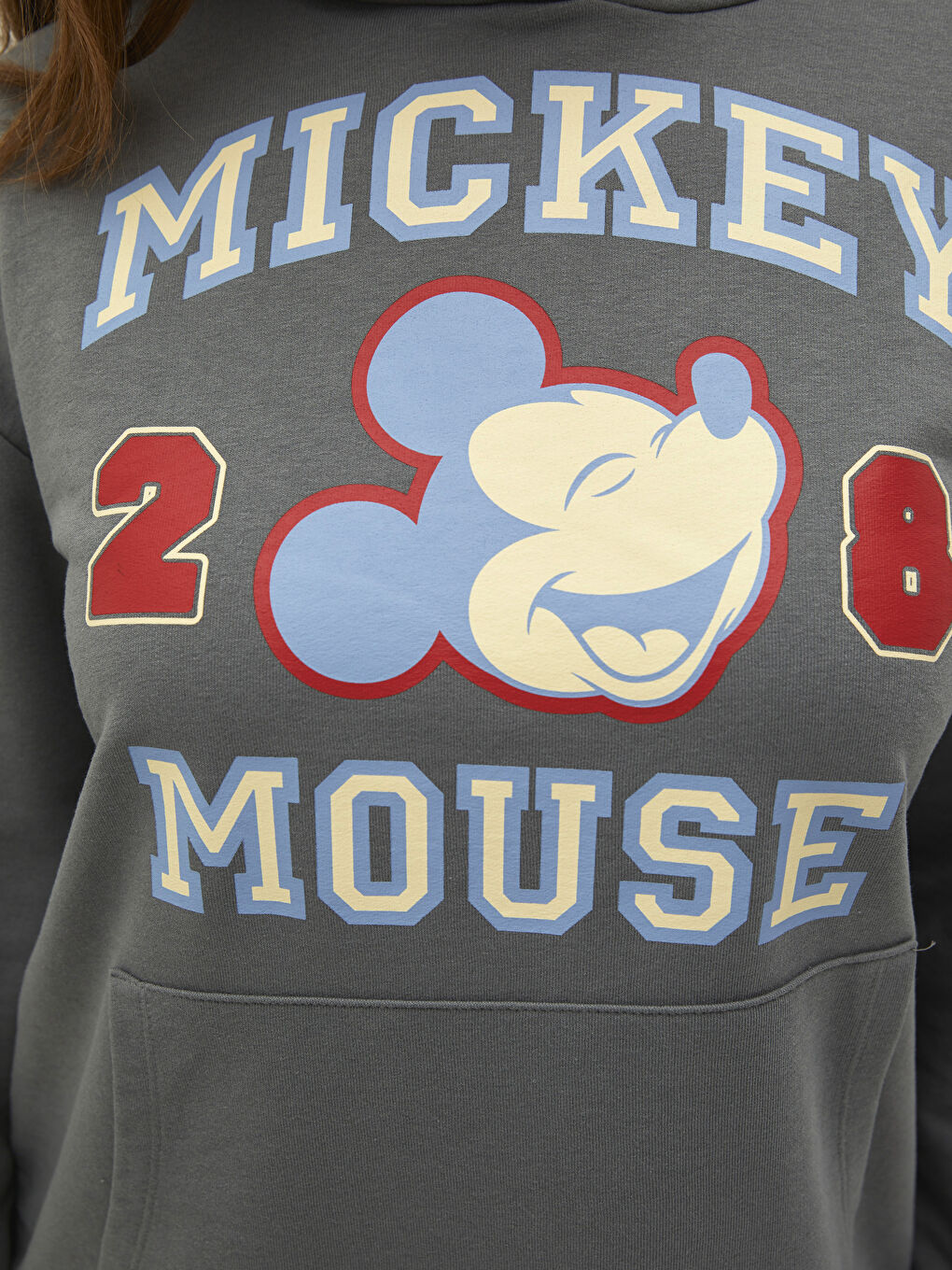 Gri Büyük Beden Mickey Mouse Baskılı Uzun Kollu Kadın Hoodie-3