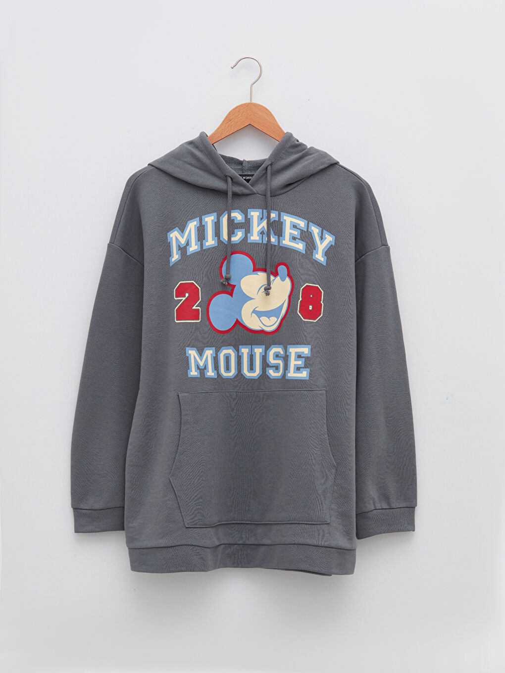 Gri Büyük Beden Mickey Mouse Baskılı Uzun Kollu Kadın Hoodie-5
