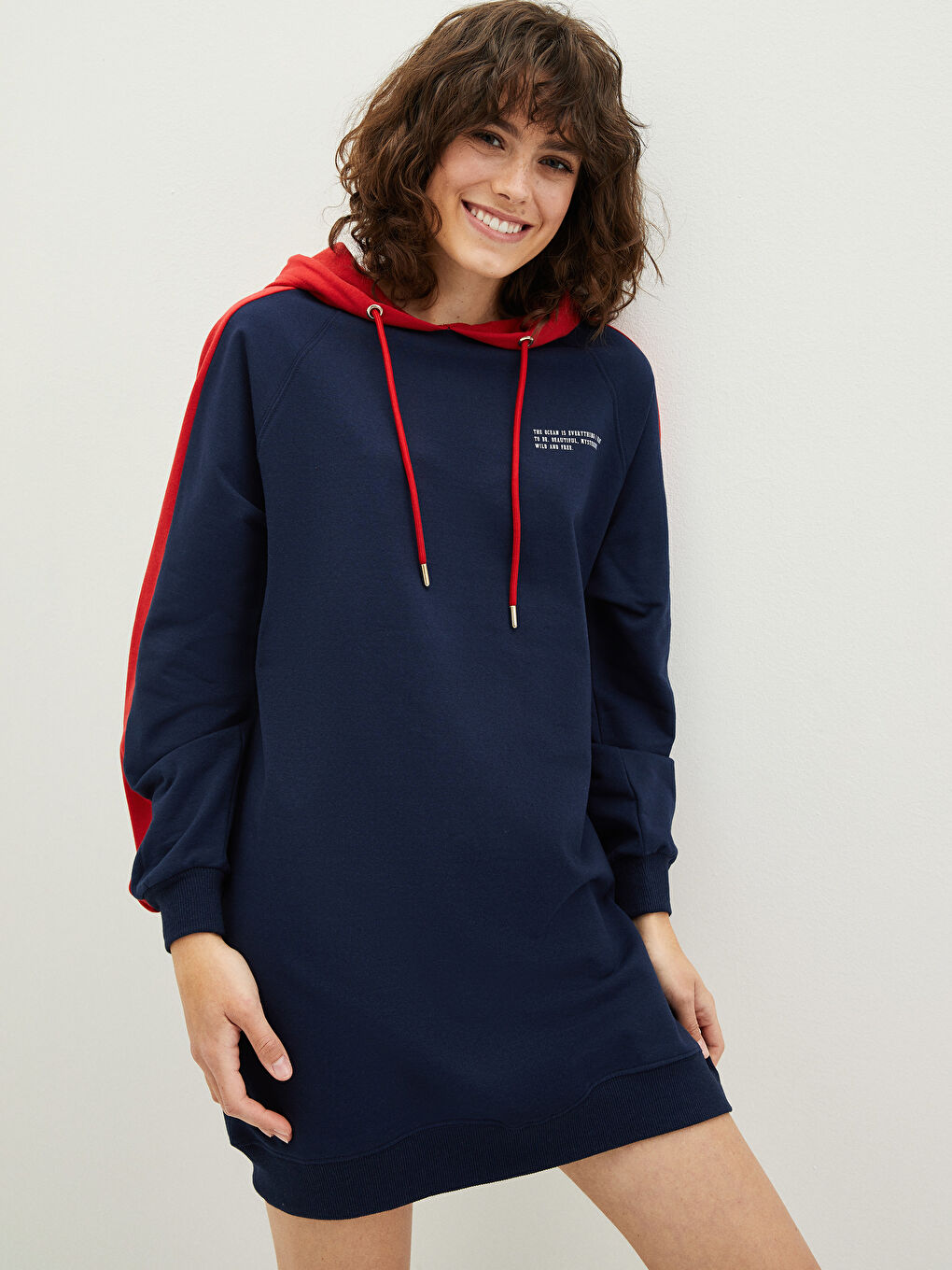 Lacivert Kapüşonlu Renk Bloklu Uzun Kollu Kadın Elbise-1